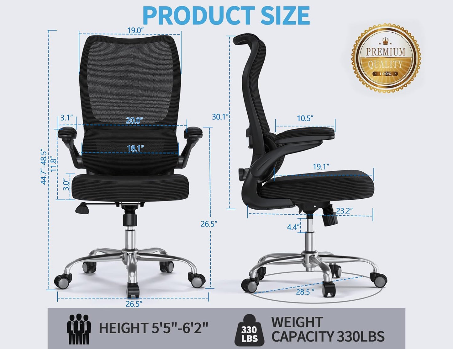 Ergonomic Office Chair - Desk Chair with Wave High Back Adjustable Lumbar Support Computer Chair - Gaming Chairs Mesh Backrest and PU Leather Seat for Home Reading Chairs to Adults(Black)