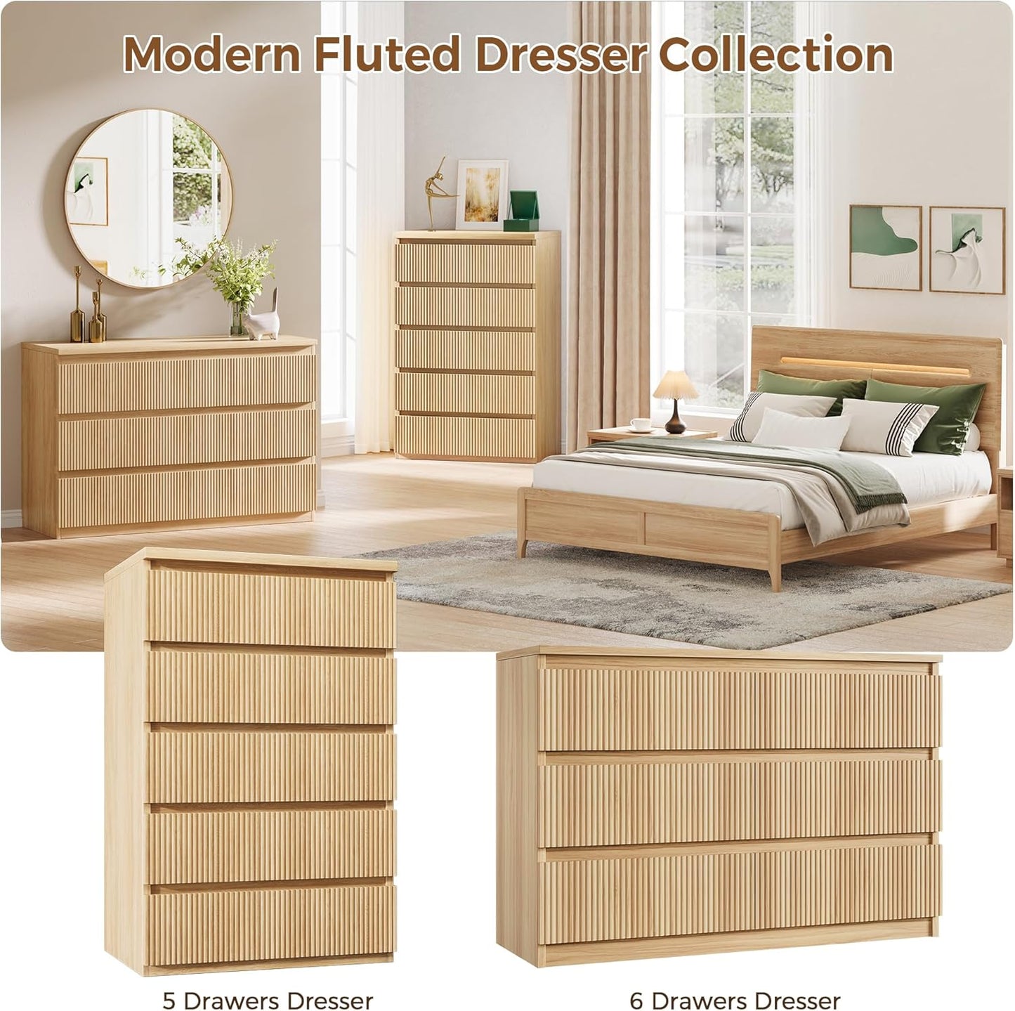 Fluted 5 Drawer Dresser for Bedroom, 43" Tall Dresser for Bedroom, Modern Fluted Chest of Drawers, Handle-Free/Floor-Mounted Wood Drawer Dresser for Living Room, Bedroom, Entryway, Hallway (Oak)