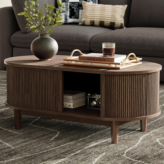 Oval Coffee Table, Wood Coffee Table with Storage, Fluted Accent Center Table with Sliding Tambour Door, 39" Mid Century Modern Coffee Tables for Living Room, Bedroom, Apartment, Walnut