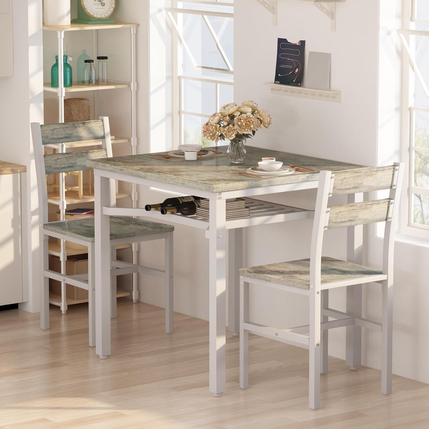 3 Piece Dining Table Set for 2, Small Wooden Kitchen Table with Storage, Farmhouse Square Dinette Set for Dining Room, Breakfast Nook, Apartment, Small Space