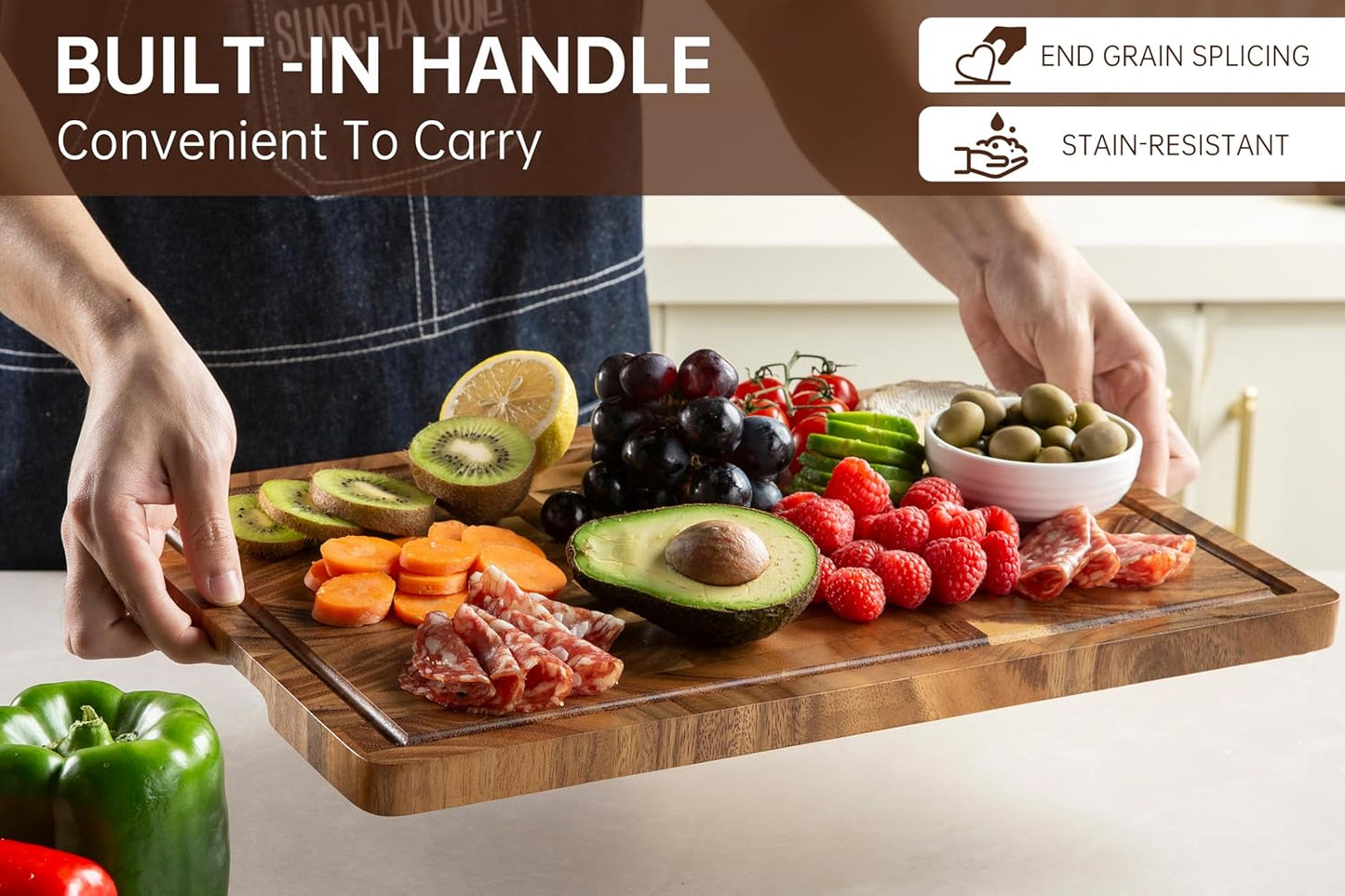 Walnut Wood Cutting Board for Kitchen, End Grain Chopping Board with Juice Groove, Heavy Duty Checkered Board for Cheese and Vegetables, Non-Slip Feet 16.5" X 11.6" X 0.8"