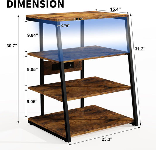 4-Tier AV Media Stand Corner Shelf for Record Player Wooden Stereo Cabinet Audio Rack Tower with Electrical Outlet & LED Lights for Ps4 (Walnut)
