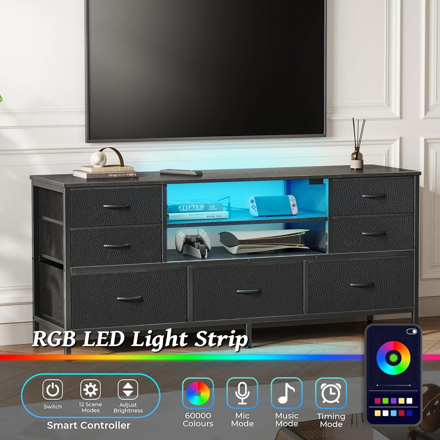 TV Stand Dresser with Power Outlets and LED Lights, 7 Drawer Console for 55 Inch TV, Black PU Leather Bedroom Dresser