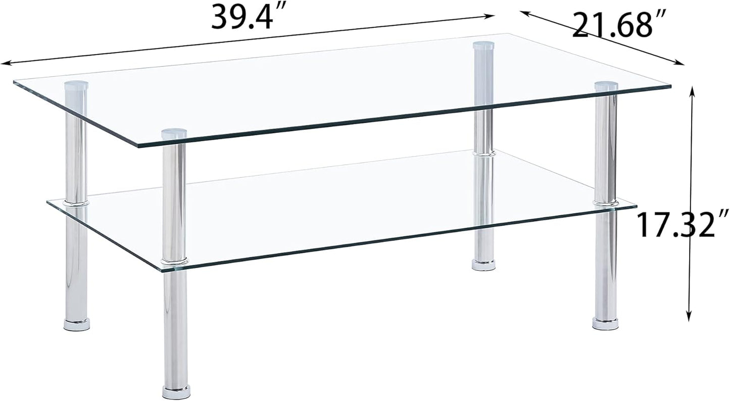 Glass Coffee Table Set of 3, Modern Clear Transparent Living Room Tables, Coffee Table and End Tables Set, Small Modern Waterfall Glass Table Set, 3PCS