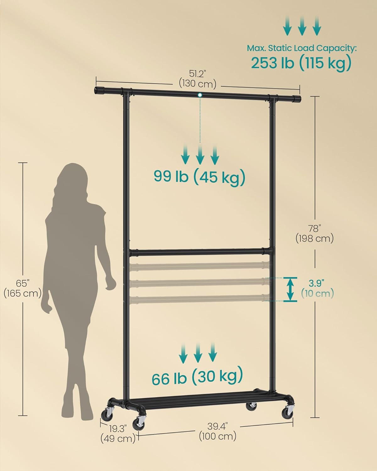 Heavy-Duty Clothes Rack, Double-Rod Clothing Rack for Hanging Clothes, Industrial Garment Rack on Wheels, Adjustable Metal Frame, 2 Casters with Brakes, Commercial Display, Black UHSR62BK