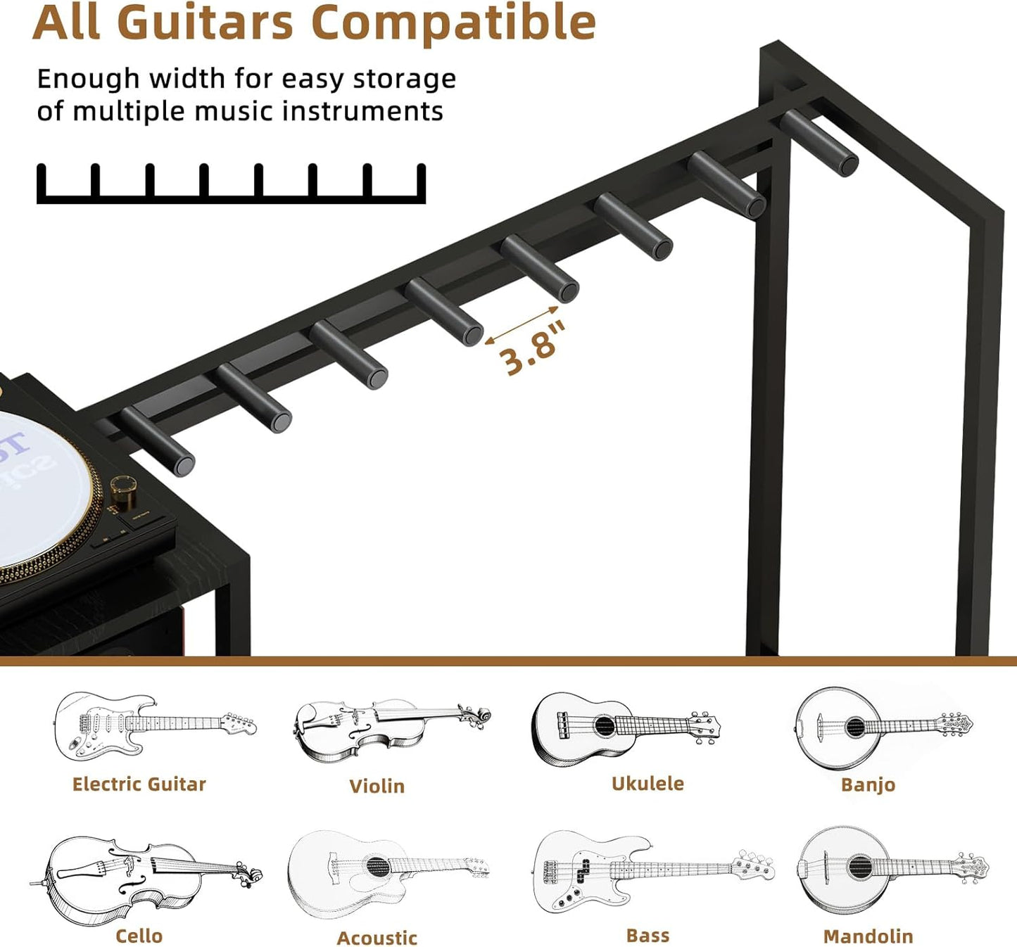 Record Player Stand with Guitar Stand, Record Player Table with Guitar Rack, Guitar Holder 7 Space for Multiple Guitars, Bass, Acoustic, Guitar Display for Home Music Studio, Brown