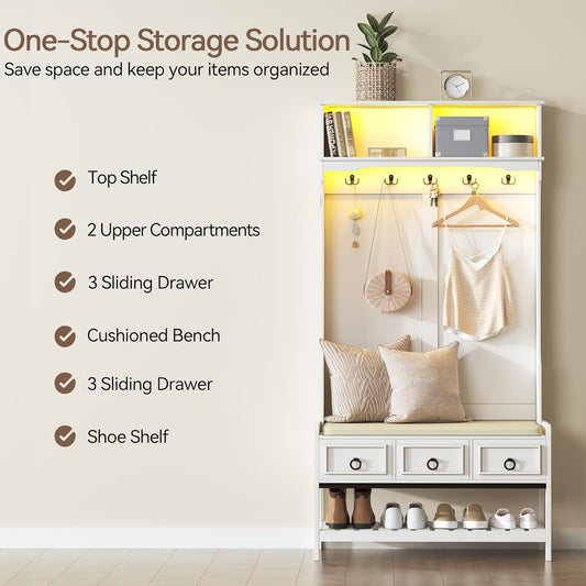 67” Farmhouse Hall Tree with Shoe Storage, Auto Sensor Wood Coat Tree with LED Lights, 3-In-1 Entryway Bench with Coat Rack, Hooks and Drawers for Hallway, Living Room, Bedroom (White)