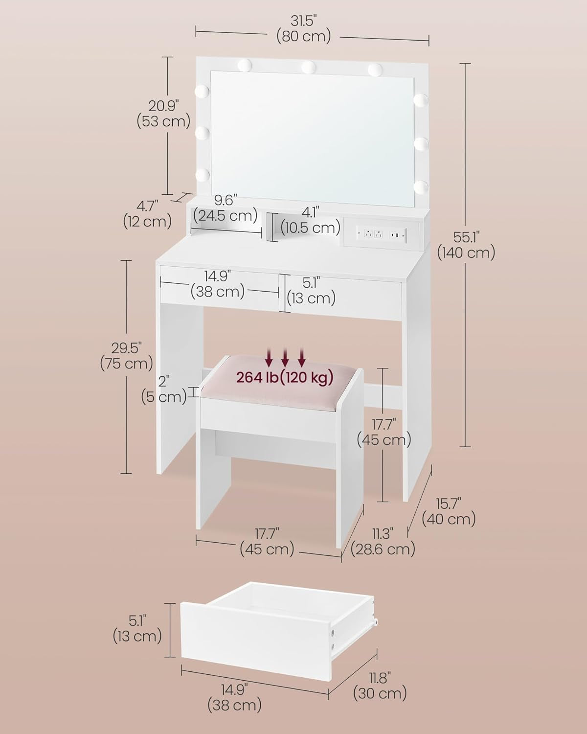 Vanity Desk with Power Outlets, Makeup Vanity with Mirror and Lights, with Upholstered Vanity Stool, 9 Dimmable LED Lights, 2 Compartments, 2 Drawers, for Bedroom, Cloud White URDT029W01
