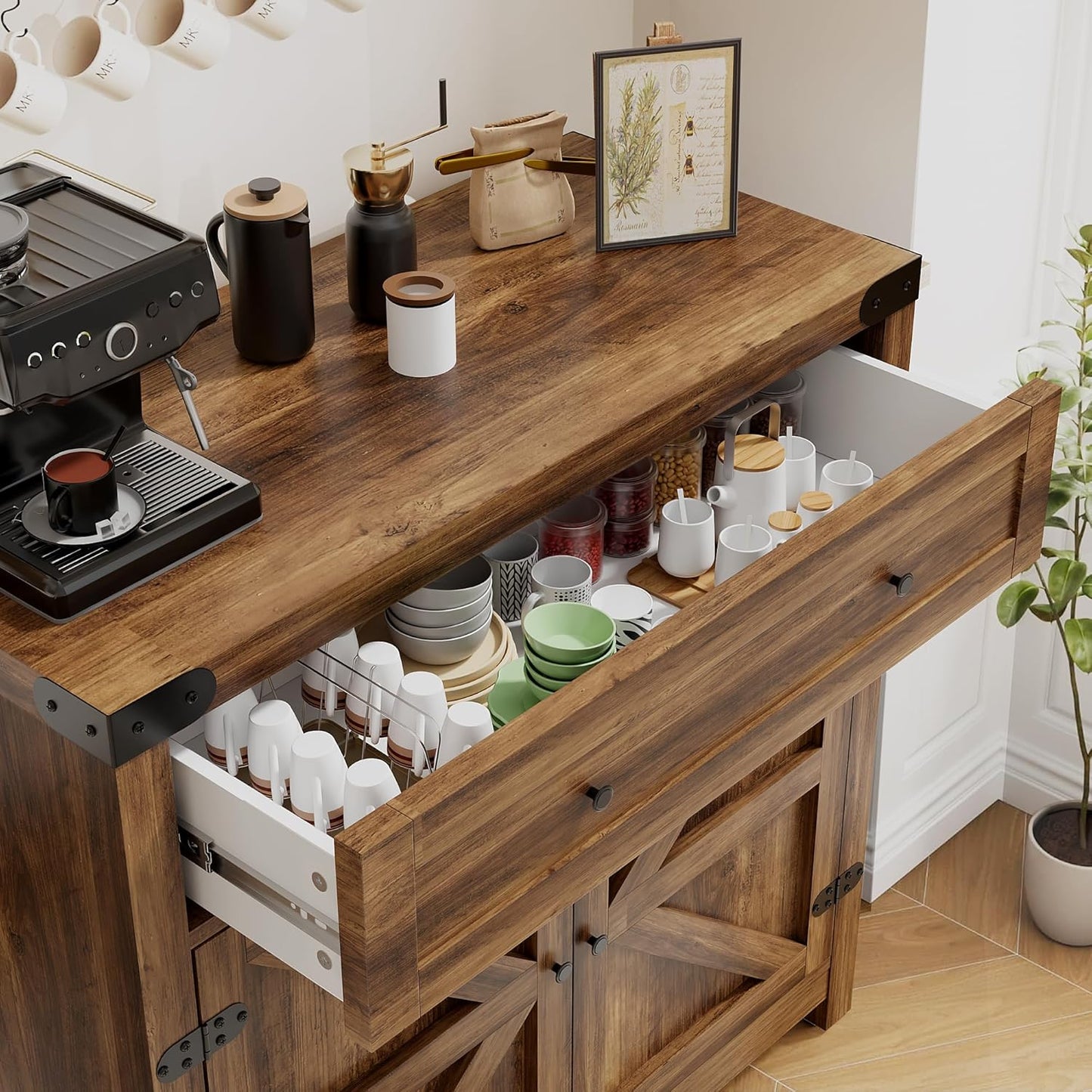 Coffee Bar and Accent Cabinet, Farmhouse Barn Door Buffet Sideboard with Drawer and Adjustable Shelf, Wide Desktop for Kitchen, Dining Room, Bathroom, Entryway, Brown