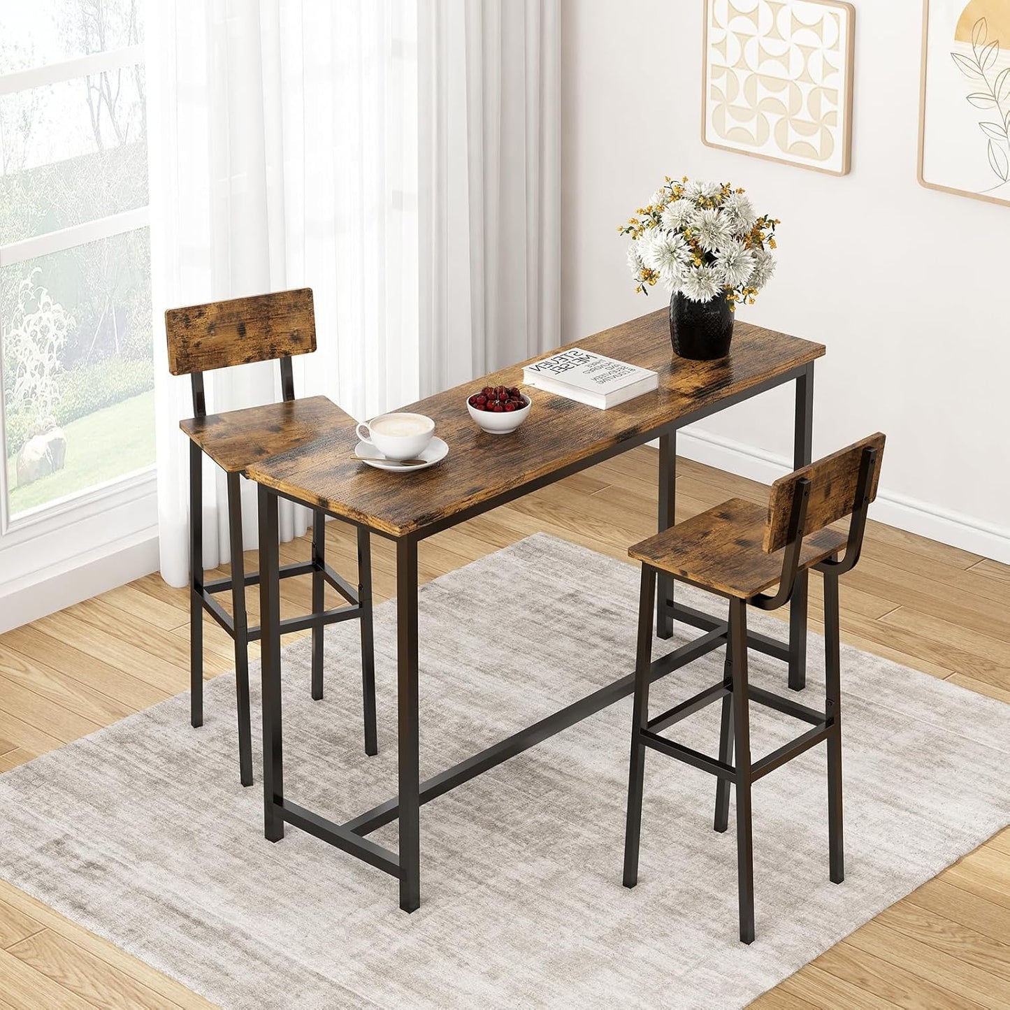 Set of 2 Bar Stools, Tall Bar Stool with Backrest and Footrest, Tall Bar Chairs, Industrial Style Counter Height Bar Stool for Dining Room, Kitchen, Rustic Brown