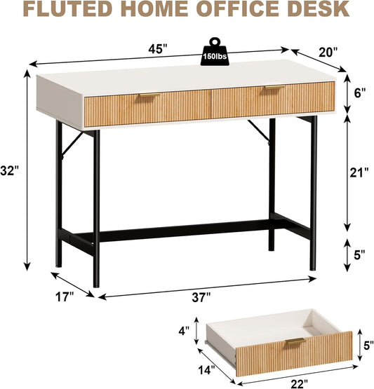 45 Inch White Desk with Drawers, Small Writing Desks for Bedroom, Fluted Cute Desk with Storage for Vanity, Wood Computer Table for Living Room Small Spaces Home Office Study