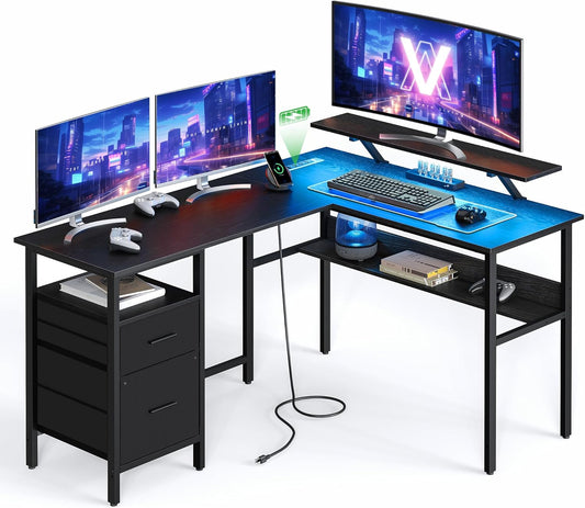 L-Shaped Desk with Power Outlets, Computer Desk with Monitor Stand, Corner Desk, Gaming Desk with LED Lights, 2 Drawers, Easy to Assemble, for Home Office, Ebony Black ULWD095B56