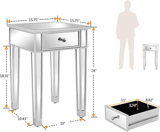 Mirrored End Table with Drawer Silver Modern Nightstand/Bedside/Accent Table for Small Space,Living Room,Bedroom,15.7" L X 15.7" W X 24" H,Mirror