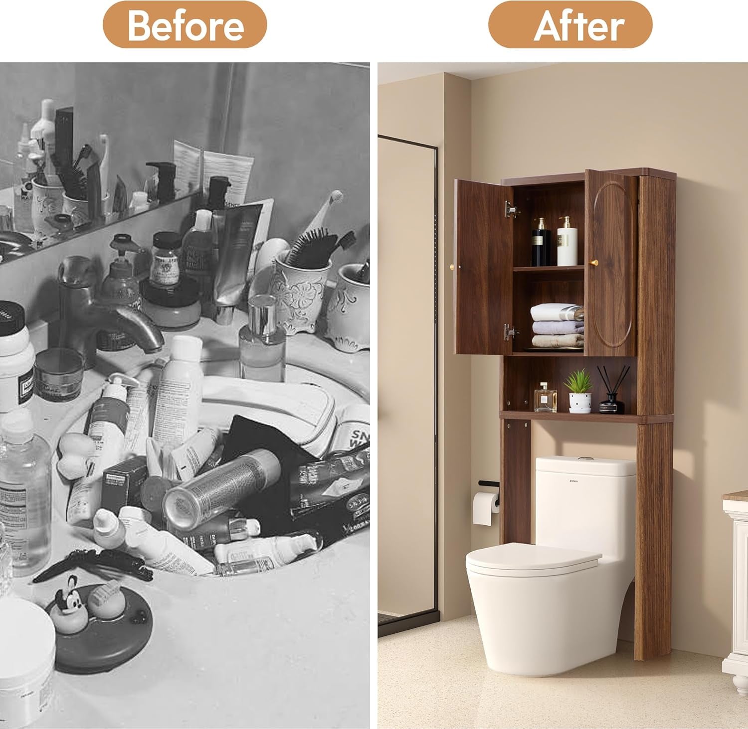 Fluted over the Toilet Storage Cabinet, Bathroom Toilet Storage Cabinet with Door, Wood Curved over the Toilet Space Saver Cabinets for Restroom Bathroom, Black