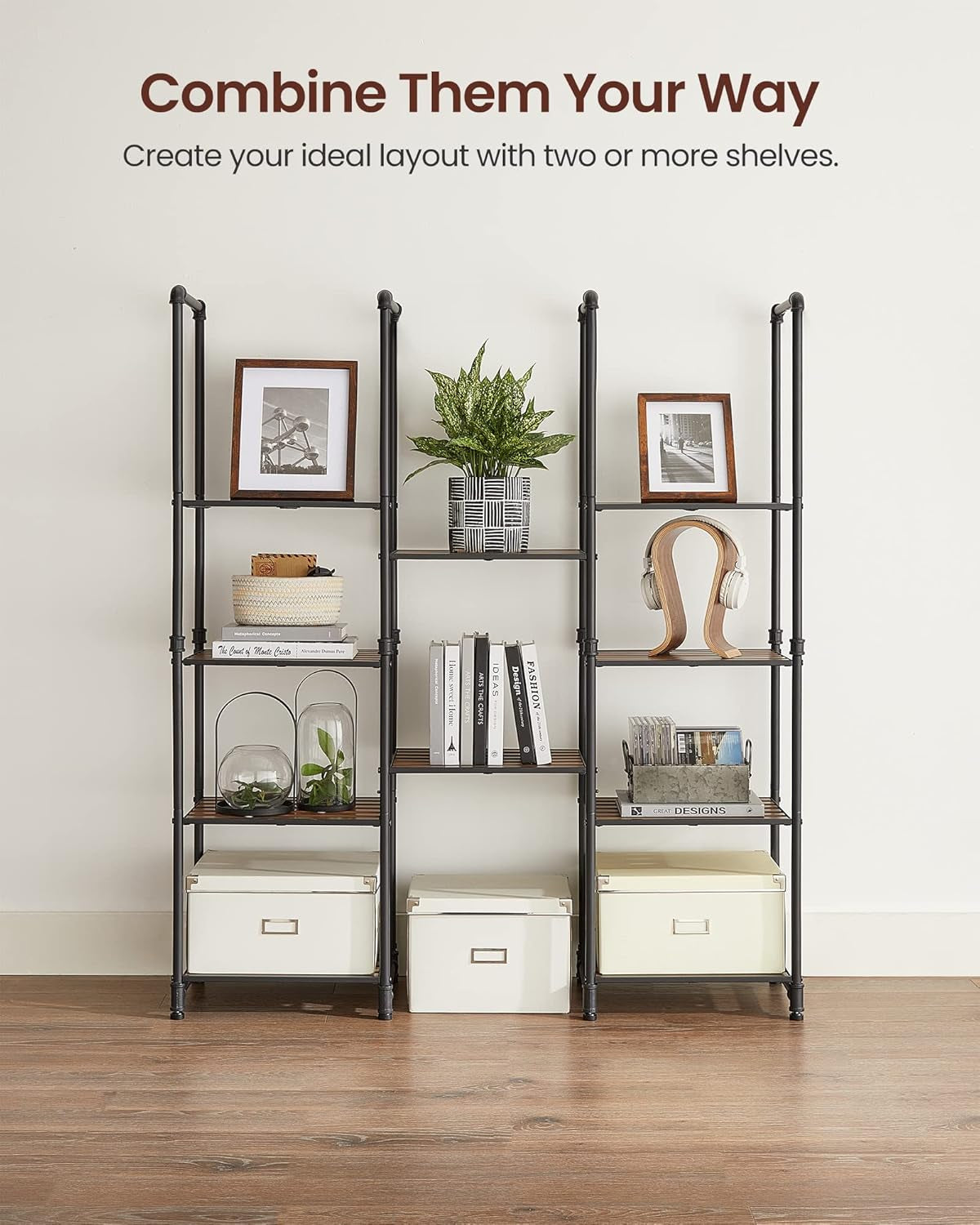 Bathroom Shelves, 5-Tier Storage Rack, Plant Flower Stand, 15.6 X 12.2 X 51 Inches, for Living Room, Balcony, Kitchen, Rustic Brown and Black UBSC25BXV2