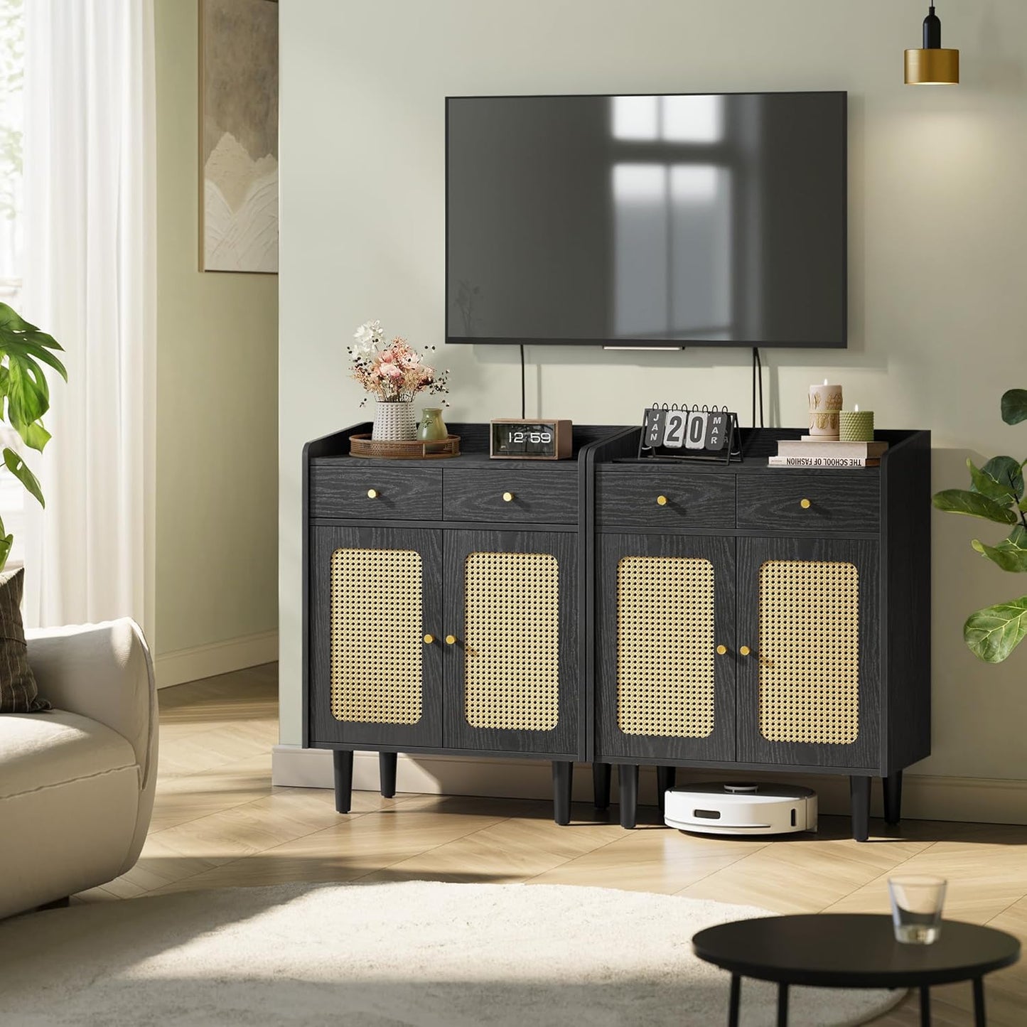 BOHOVEN Collection - Buffet Cabinets, Set of 2, Sideboard Storage Cabinets with Rattan-Like Doors and Drawers, Accent Cabinets, Adjustable Shelf, Boho Style, for Living Room, Ebony Black