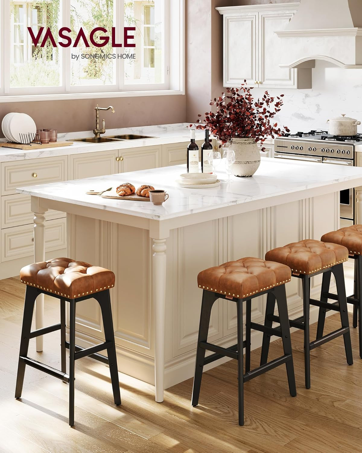 Bar Stools Set of 2, Saddle Counter Height Bar Stools, 26-Inch Backless Kitchen Stools with Wood Legs, PU Leather Thickened Upholstered Barstools for Kitchen Island Dining Room, Coffee Brown