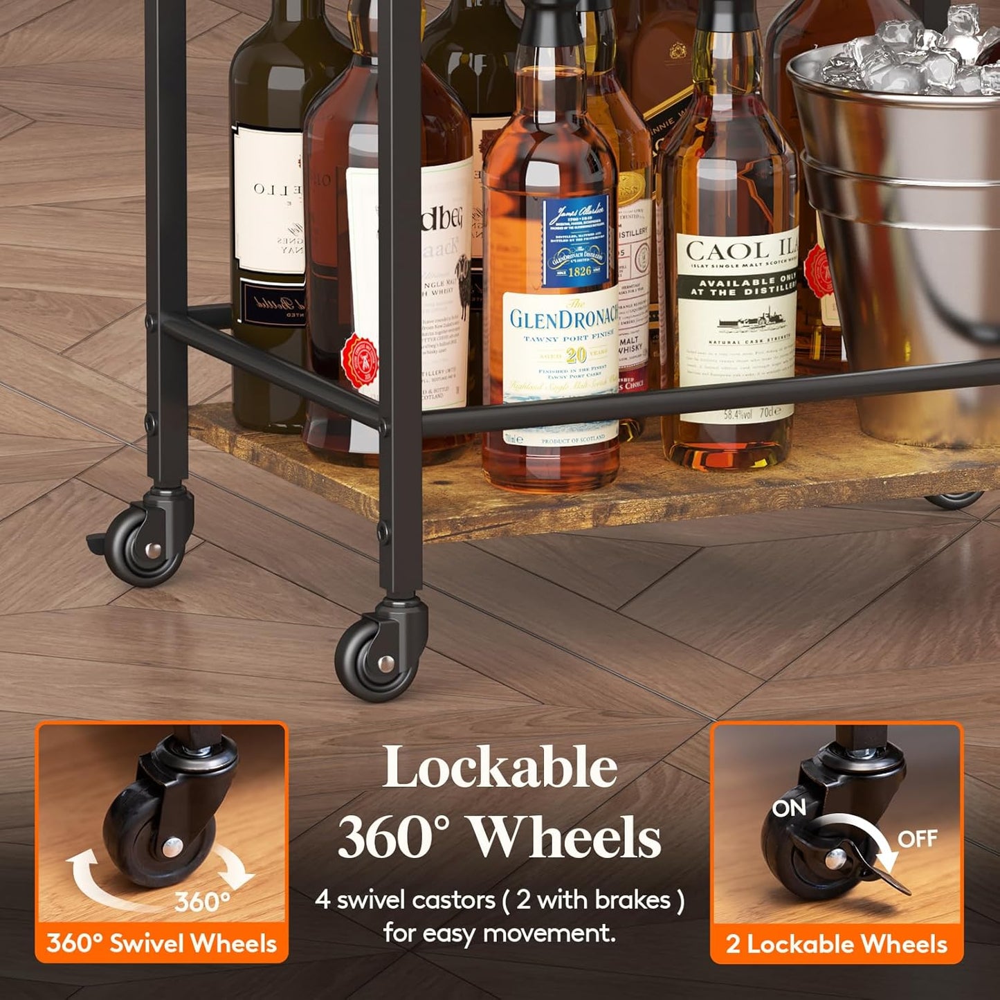 Bar Cart for the Home, 3 Tier Small Rolling Wine Cart, Drink Serving Cart with Lockable Wheels, Mini Liquor Utility Cart for Kitchen Dining Living Room, 17" X 11.8" X 32.1", Rustic Brown