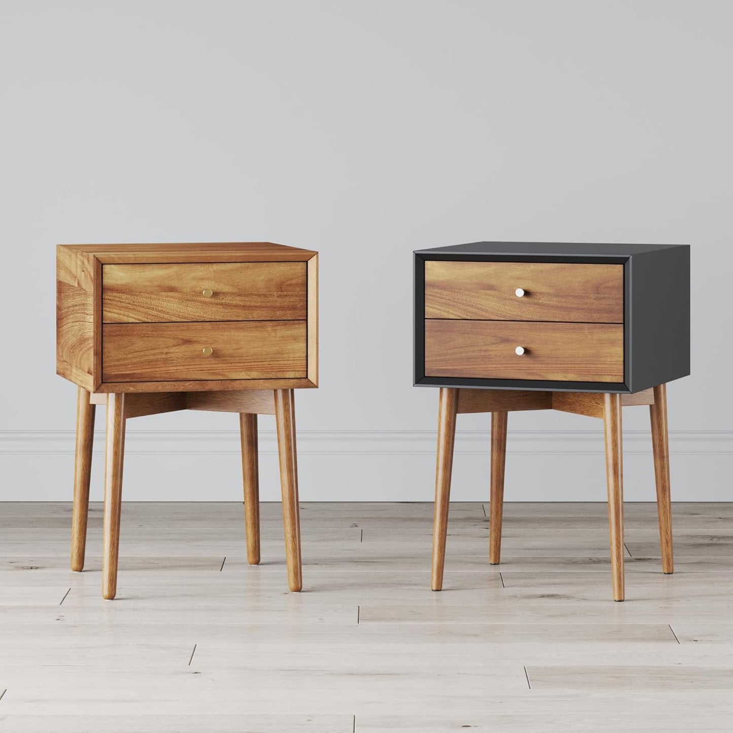 32704 Harper Mid-Century Oak Wood Nightstand with 2-Drawers, Small Side End Table with Storage, Brown