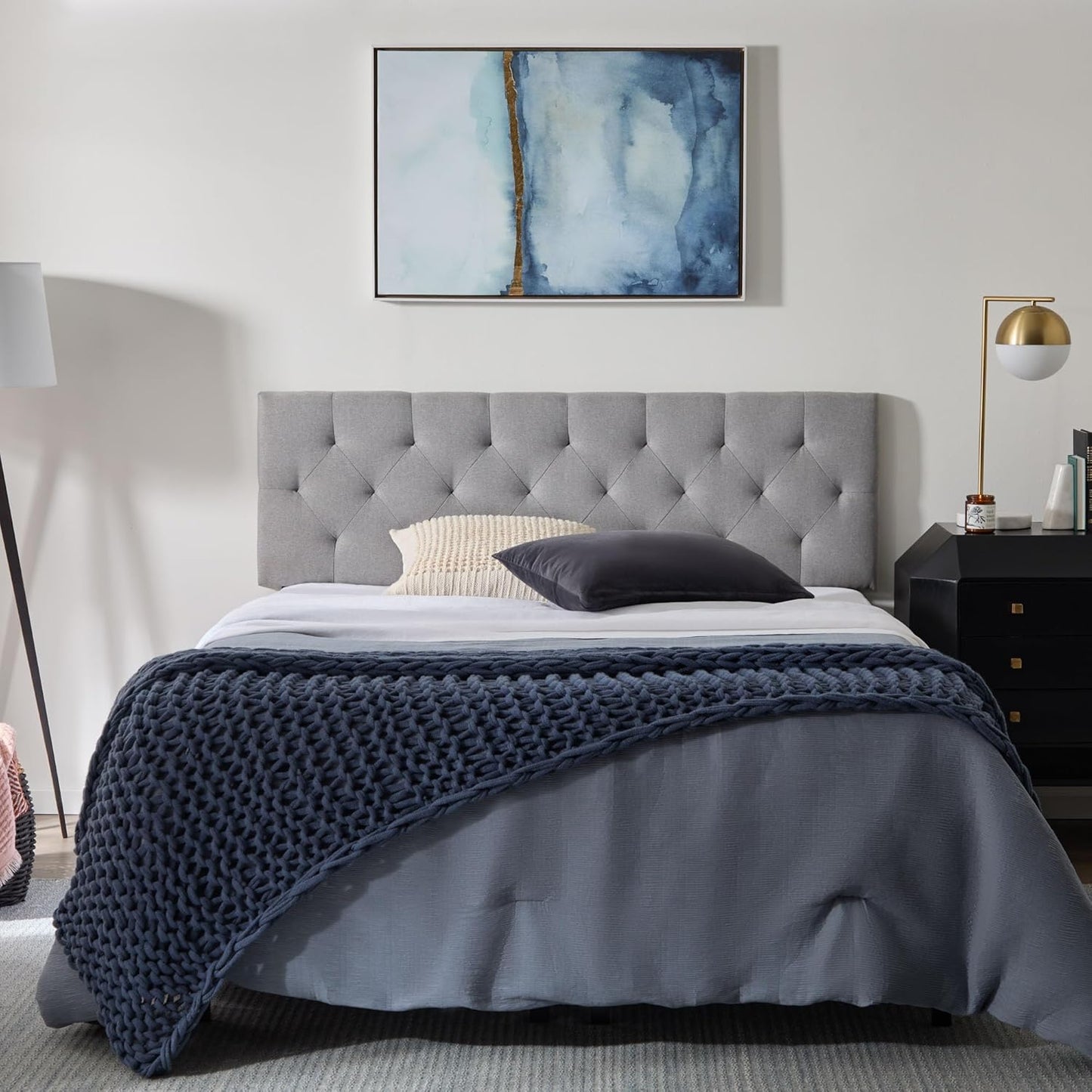 Mid-Rise Upholstered Headboard - Diamond Tufted - Padded Polyester - Adjustable Height from 34” to 46” - Easy Assembly - Bed Frame or Wall Mount - Sturdy - Stone - Full / Full XL Size