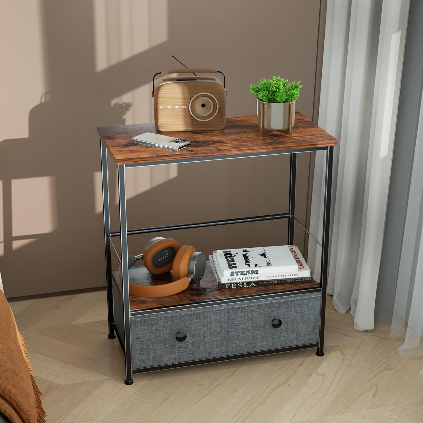Record Player Stand with Vinyl Storage, 2-Tier Record Shelf Table with Fabric Drawer, Holds up to 110 Vinyl Records, Record Player Table for Turntable and Albums, 23.62"D × 11.81" W× 25.59"H