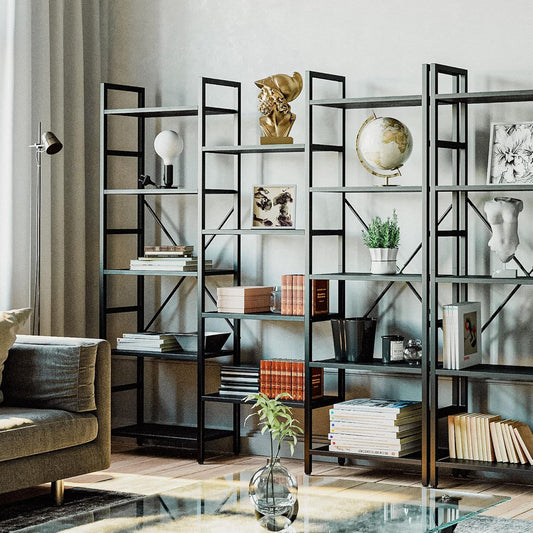 Bookcases and Bookshelves Triple Wide 5 Tiers Industrial Bookshelf, Large Etagere Bookshelf Open Display Shelves with Metal Frame for Living Room Bedroom Home Office