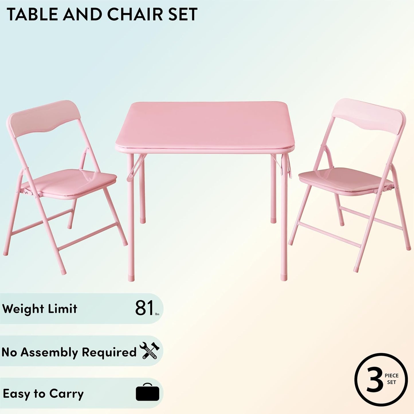Heritage Kids Pink Kids Activity Table and Chair Set,3-Piece Furniture Set with 1 Square Table & 2 Folding Chairs, Playroom Table Set for Ages 3+