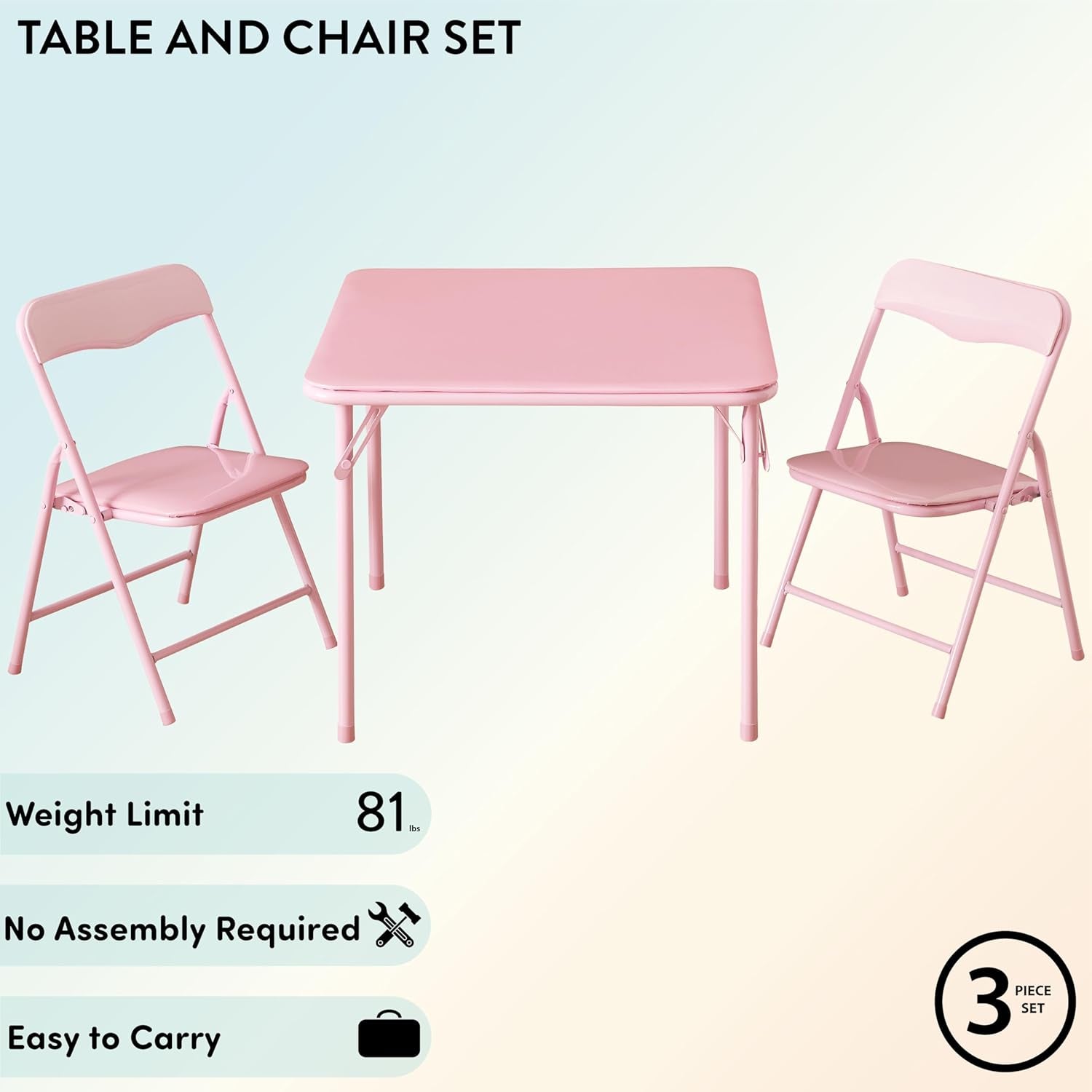 Heritage Kids Pink Kids Activity Table and Chair Set,3-Piece Furniture Set with 1 Square Table & 2 Folding Chairs, Playroom Table Set for Ages 3+
