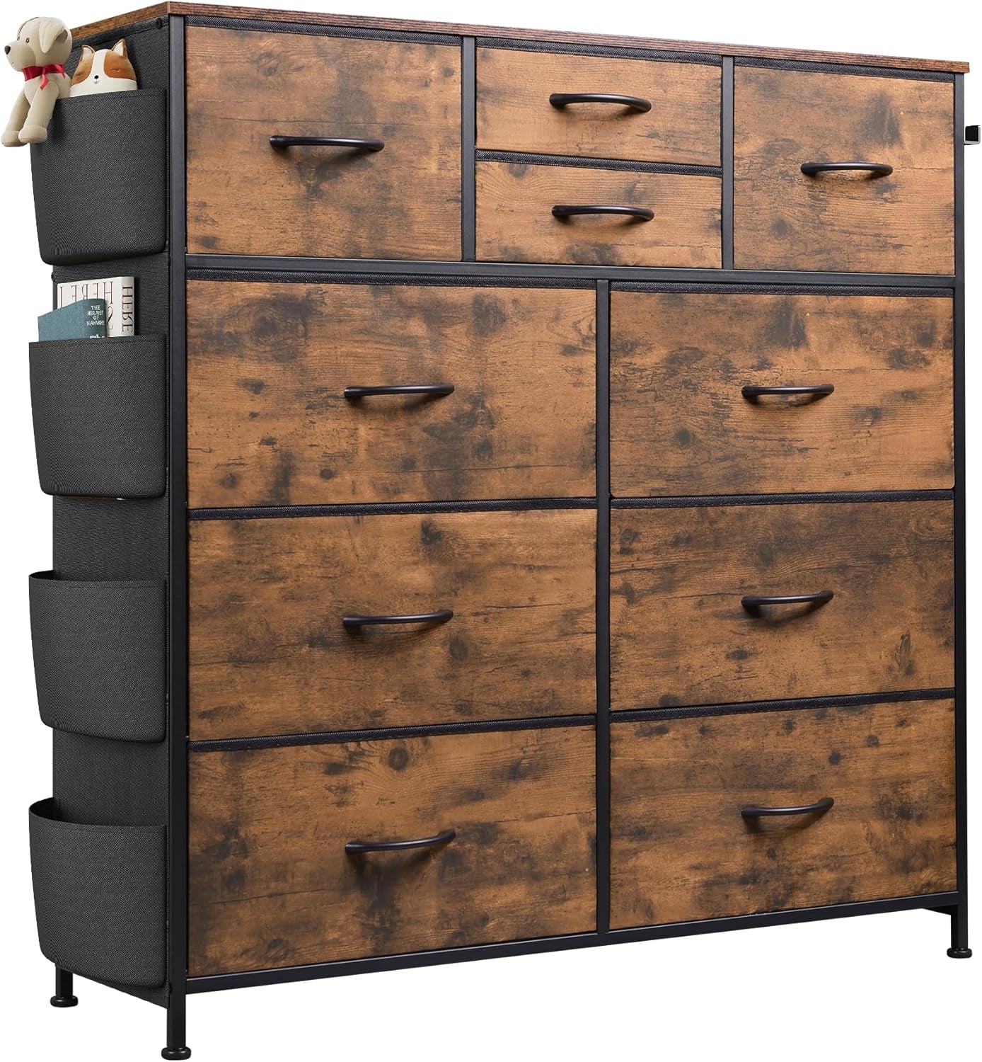 Fabric Dresser for Bedroom with 10 Drawers, Chest of Drawers with Side Pockets and Hooks, Sturdy Metal Frame, Drawers Organizer Unit for Living Room, Hallway, Rustic Brown Wood Grain Print