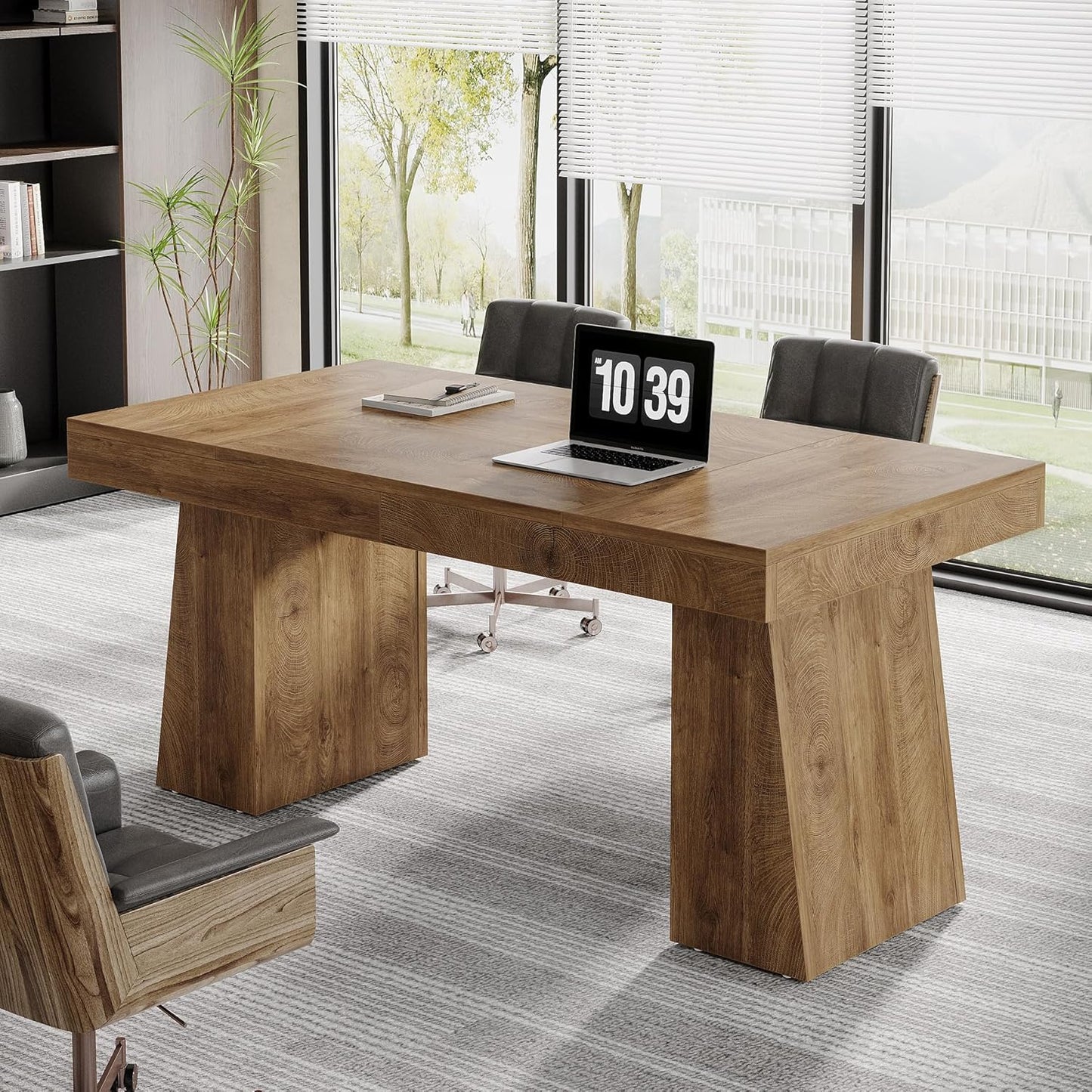 55 Inches Executive Desk, Mid-Century Modern Home Office Desk, Wood Computer Table Business Workstation Small Conference Table, Light Brown