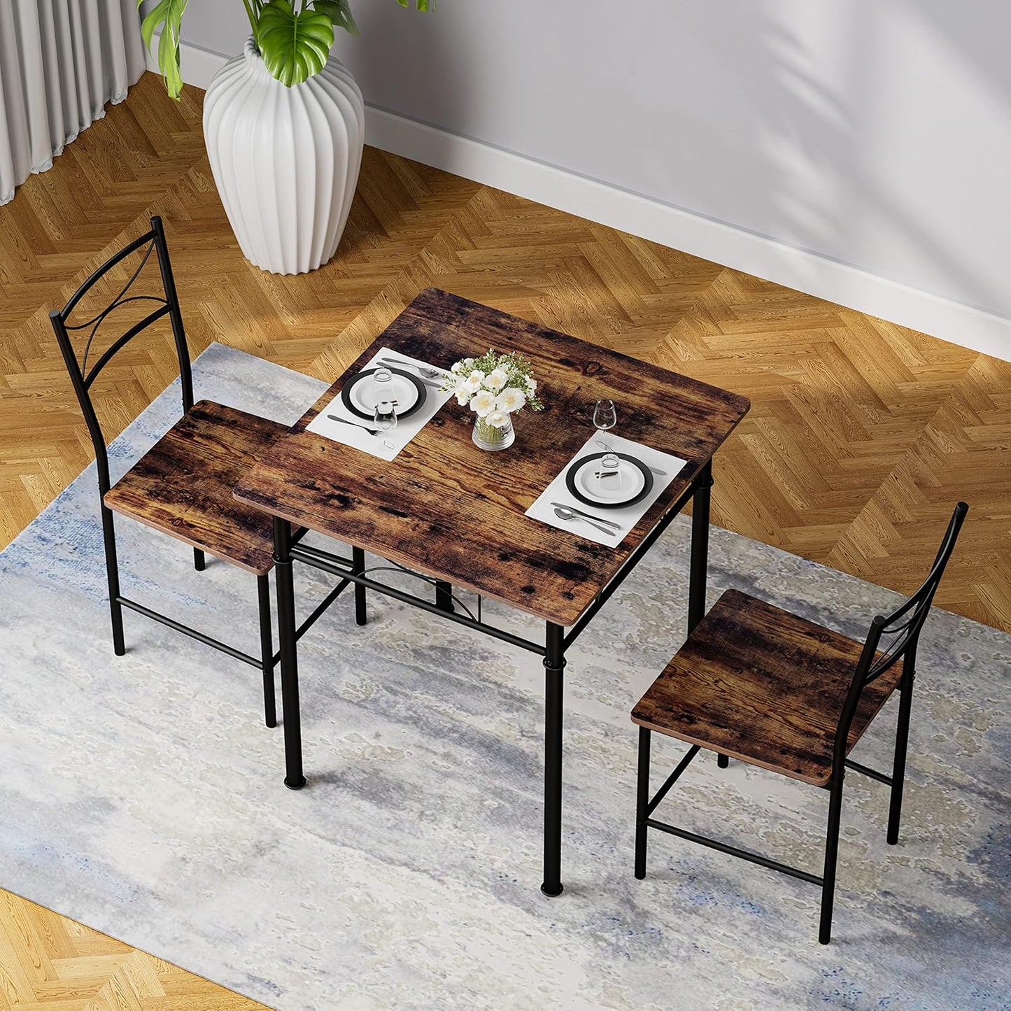 3-Piece Kitchen Dining Room Table Set for Small Spaces,Iron Wood Square Table with 2 Chairs for Kitchen Dining Room Furniture
