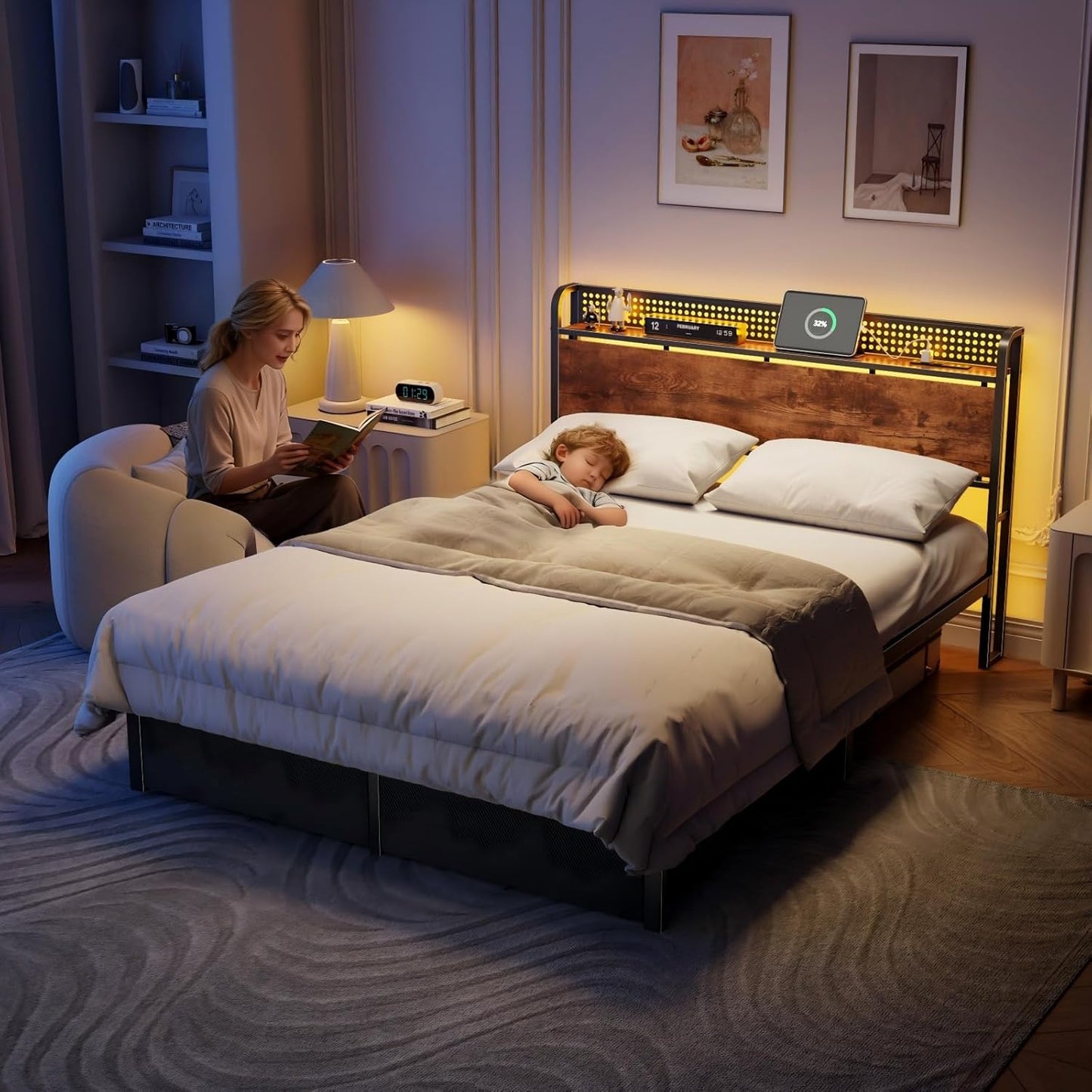 Queen Size Bed Frame with Headboard Storage, Platform Bed Frame Queen Size with 2 Drawers, Charging Station and LED Lights, No Box Spring Needed, Noise Free, Easy Assembly (1000 Lbs Capacity)