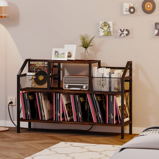Record Player Stand Holds up to 500 Albums, Turntable Stand with Vinyl Record Player Storage Cabinet, Records Vinyl Albums Storage, Rustic Brown