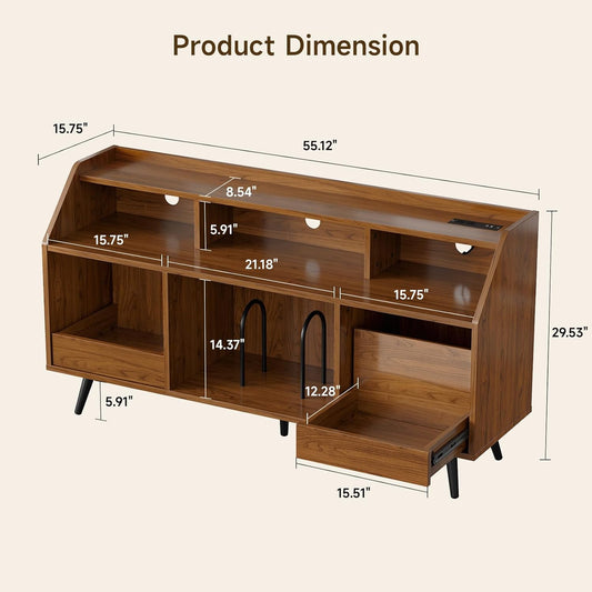 55 Inch Record Player Stand with LED Light, Modern Vinyl Record Storage Cabinet with 2 Drawers & Open Shelves, Holds up to 500 Albums, Turntable Stand W/Charging Station for Living Room Bedroom Walnut