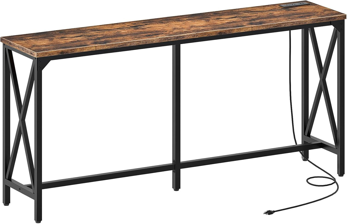 70.9'' Bar Table, Kitchen Dining Table with Power Outlet and Footrest, Industrial Style, for Pub, Living Room, Rustic Brown and Black TBT08UBF