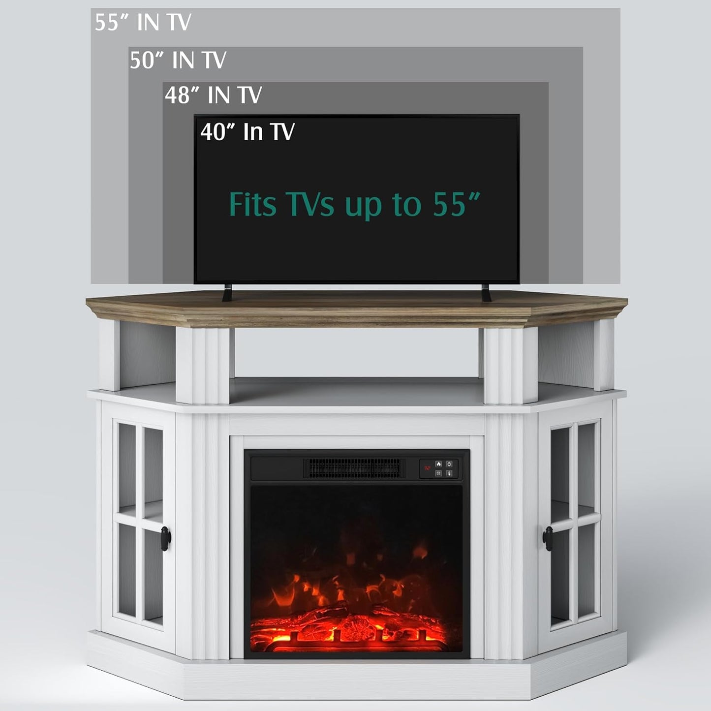 Corner Fireplace TV Stand for Television up to 55" with Storage Cabinets, Entertainment Center, Media Console for Living Room, Bedroom, White&Rustic