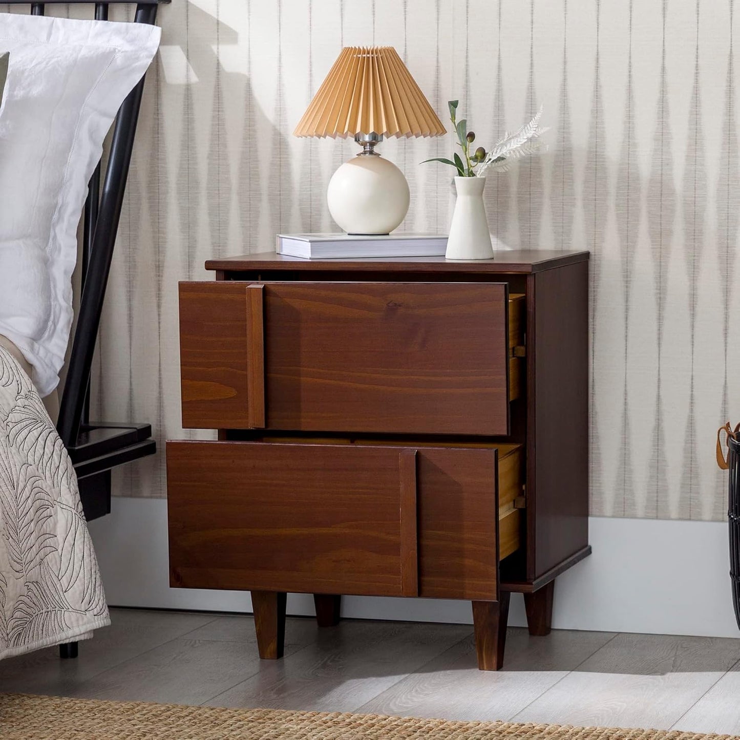 Sprague Contemporary Detailed Drawer Solid Wood Nightstand, 20 Inch, Walnut