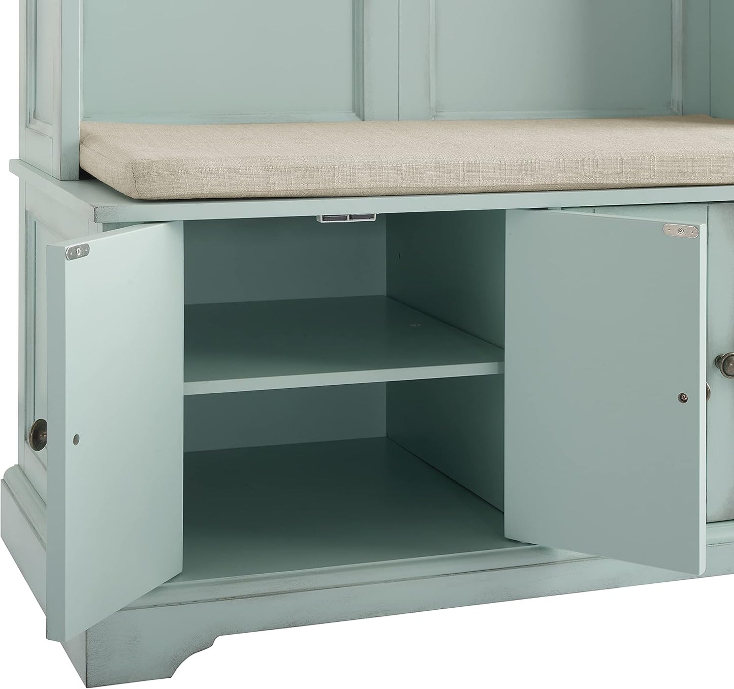 Holbrook Hall Tree with Shoe Rack Bench and Coat Hooks for Hanging Storage, Distressed Seafoam Blue