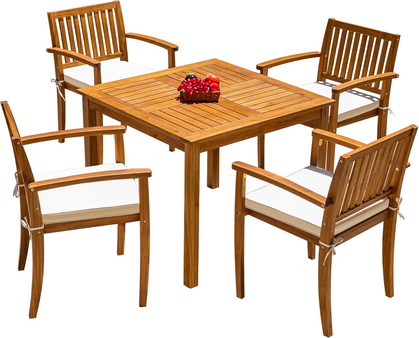 5 Piece Outdoor Dining Set Acacia Wood Patio Table and Chairs with Soft Cushions Patio Furniture for Deck, Backyard, Garden