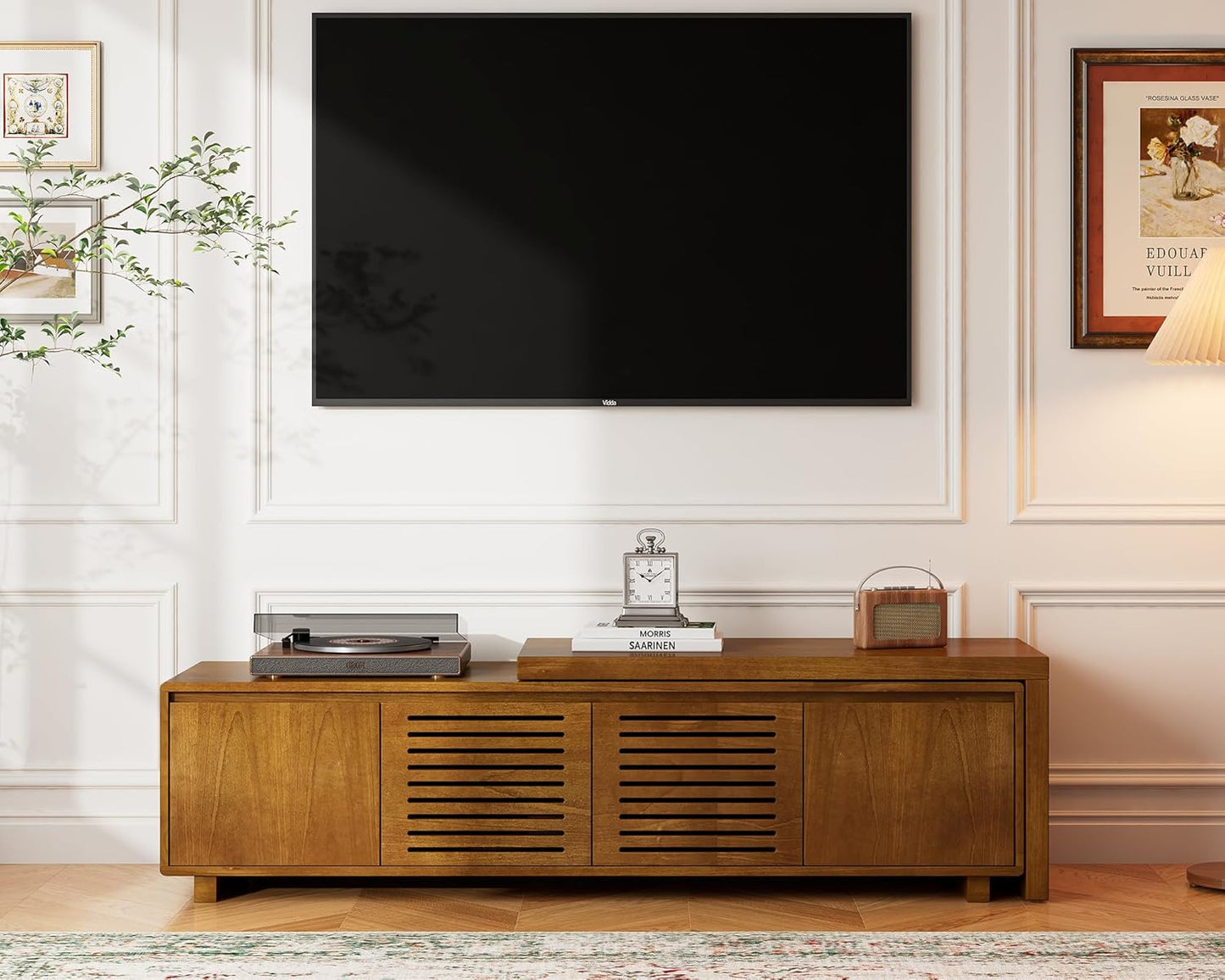 Mid Century Modern TV Stand,Extendable Entertainment Center for 65/70/75/80 Inch Tv,Media Console for Living Room&Bedroom, Walnut