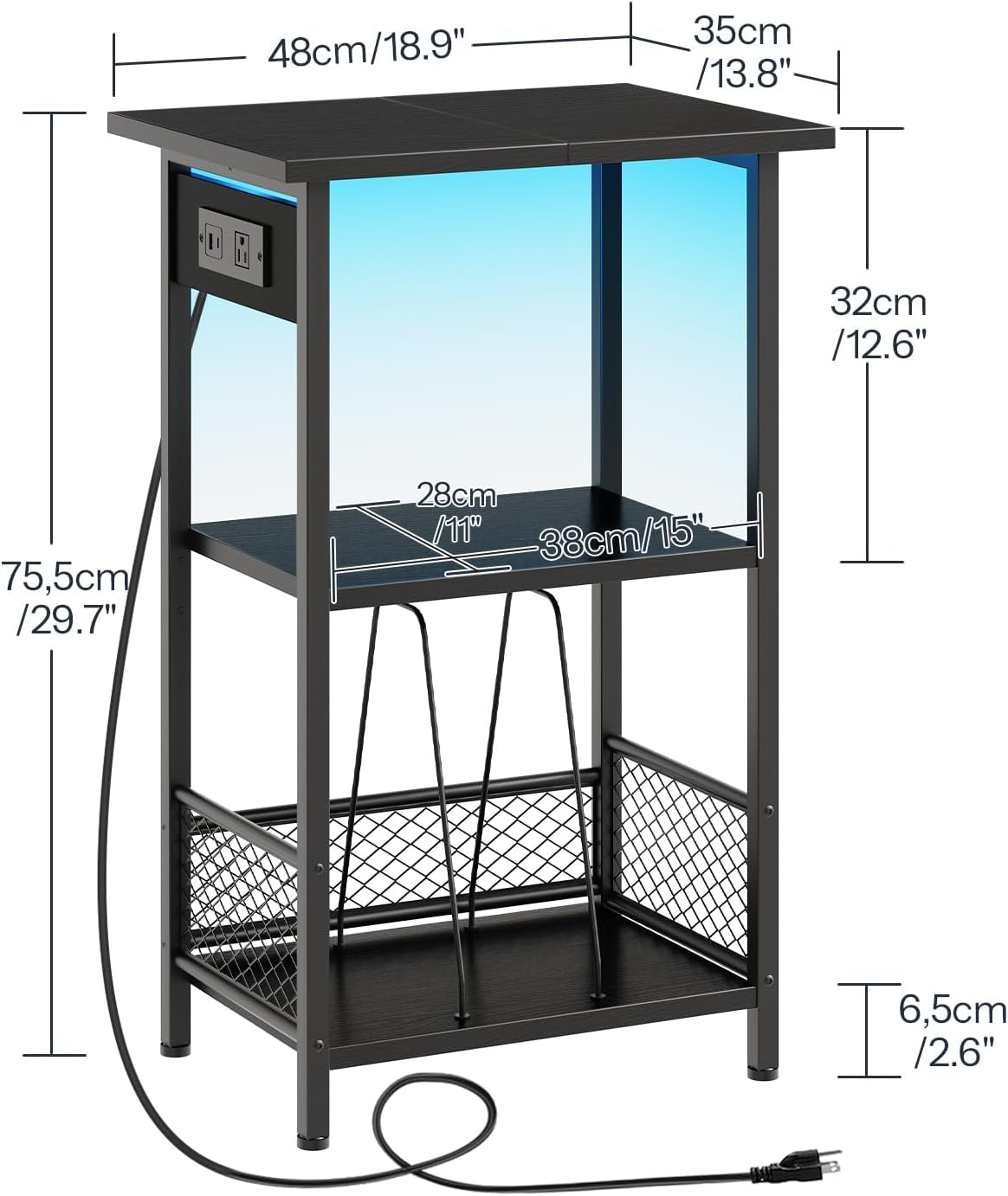 Record Player Stand with Charging Station and LED, Turntable Stand with Storage, 3 Tier End Table Hold up to 100 Albums, Record Table for Vinyl, Living Room, Black BB06UDRS01