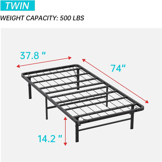 | Twin Bed Frame | Metal | Heavy Duty Steel Slats with 6 Legs | Foldable | Sturdy, No Box Spring Needed | Easy to Assemble with Under-Bed Storage | Furniture for Home, Dorms