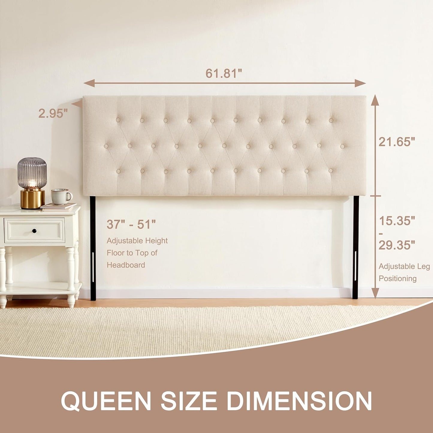 Tufted Upholstered Headboard Queen Size, Solid Wood Head Board with Durable Metal Legs, Adjustable Height Bed Headboard from 37” to 51” Fabric Headboard in Modern Button Design, Beige