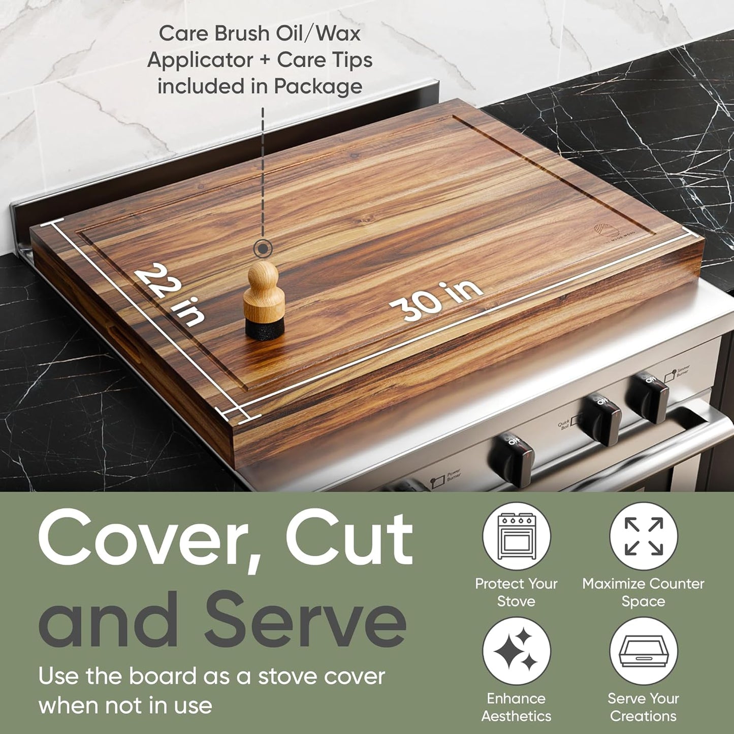 Noodle Board Stove Cover Cutting Board with Handle - Stove Top Cover with Care Brush FSC Certified - Multiuse Gas Stove Cover Board for Serving Chopping Decorating, 30”X22”(Outer) / 28.5”X20.5”(Inner)