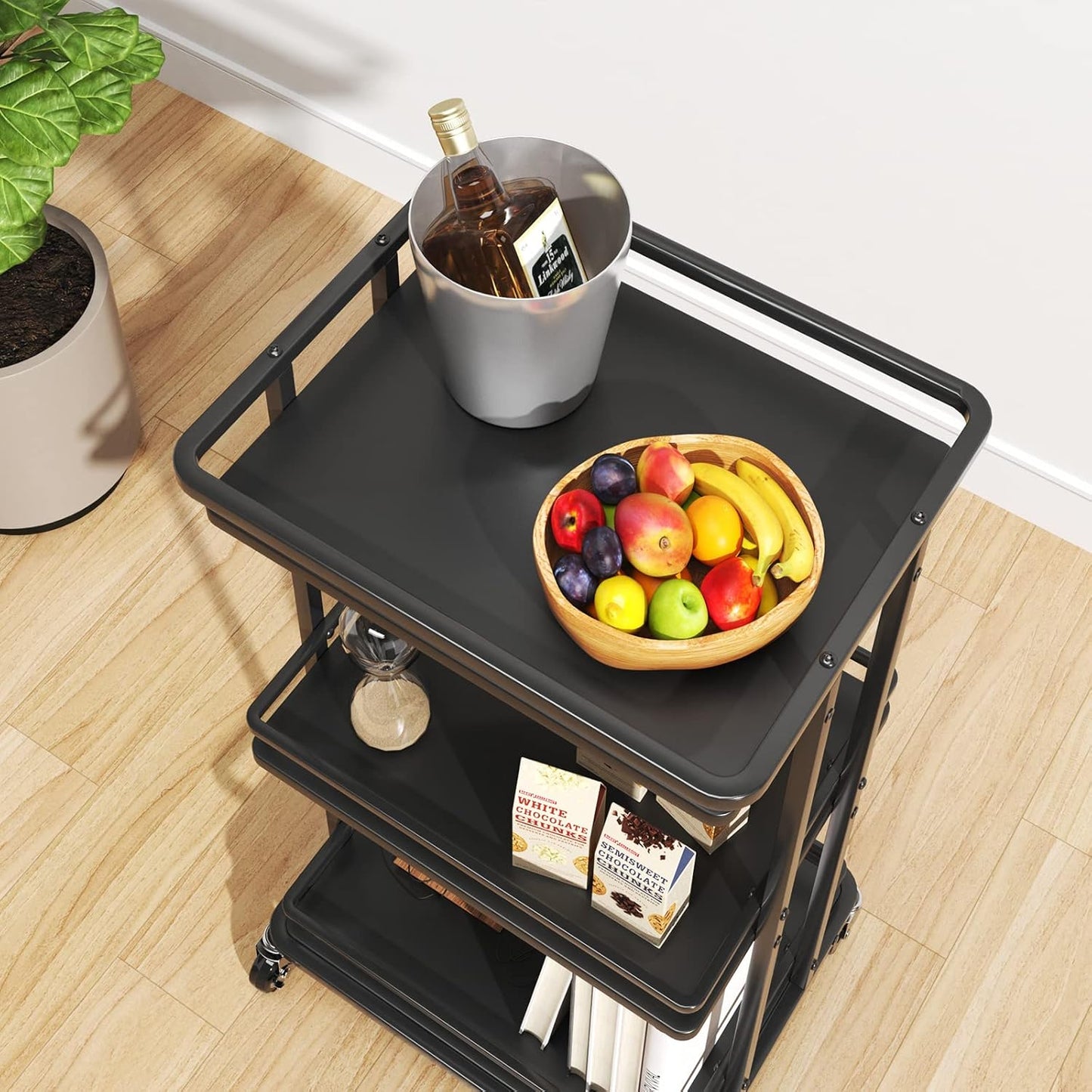 3-Tier Rolling Serving Bar Cart, Wood and Metal Kitchen Island Storage Cart with Wheels, Multifunction Utility Cart Storage Rack for Home, Kitchen, Bar, Dinning Room, Living Room (Black)