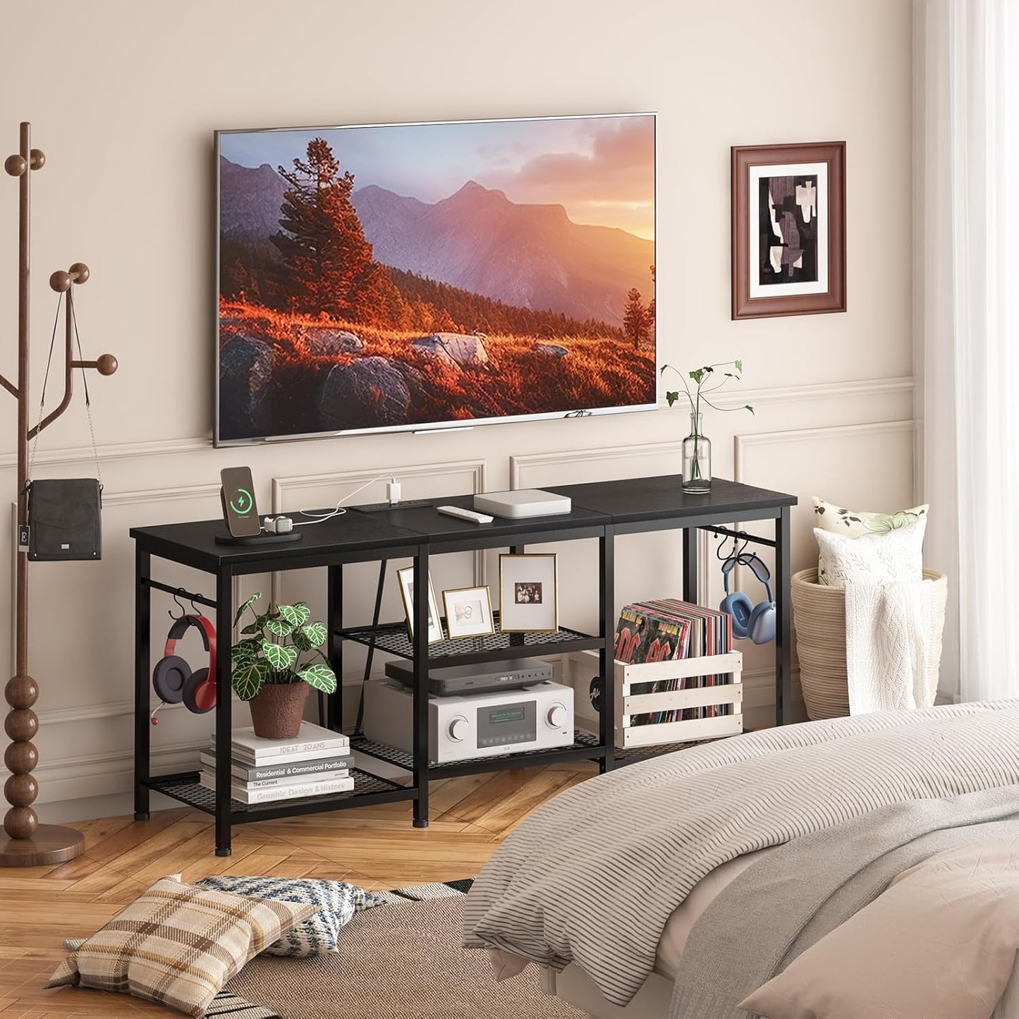 Entertainment Center for up to 55 Inch Tvs, TV Stand with Power Outlet and Open Storage Shelves, TV Media Console Table for Living Room and Bedroom, Black