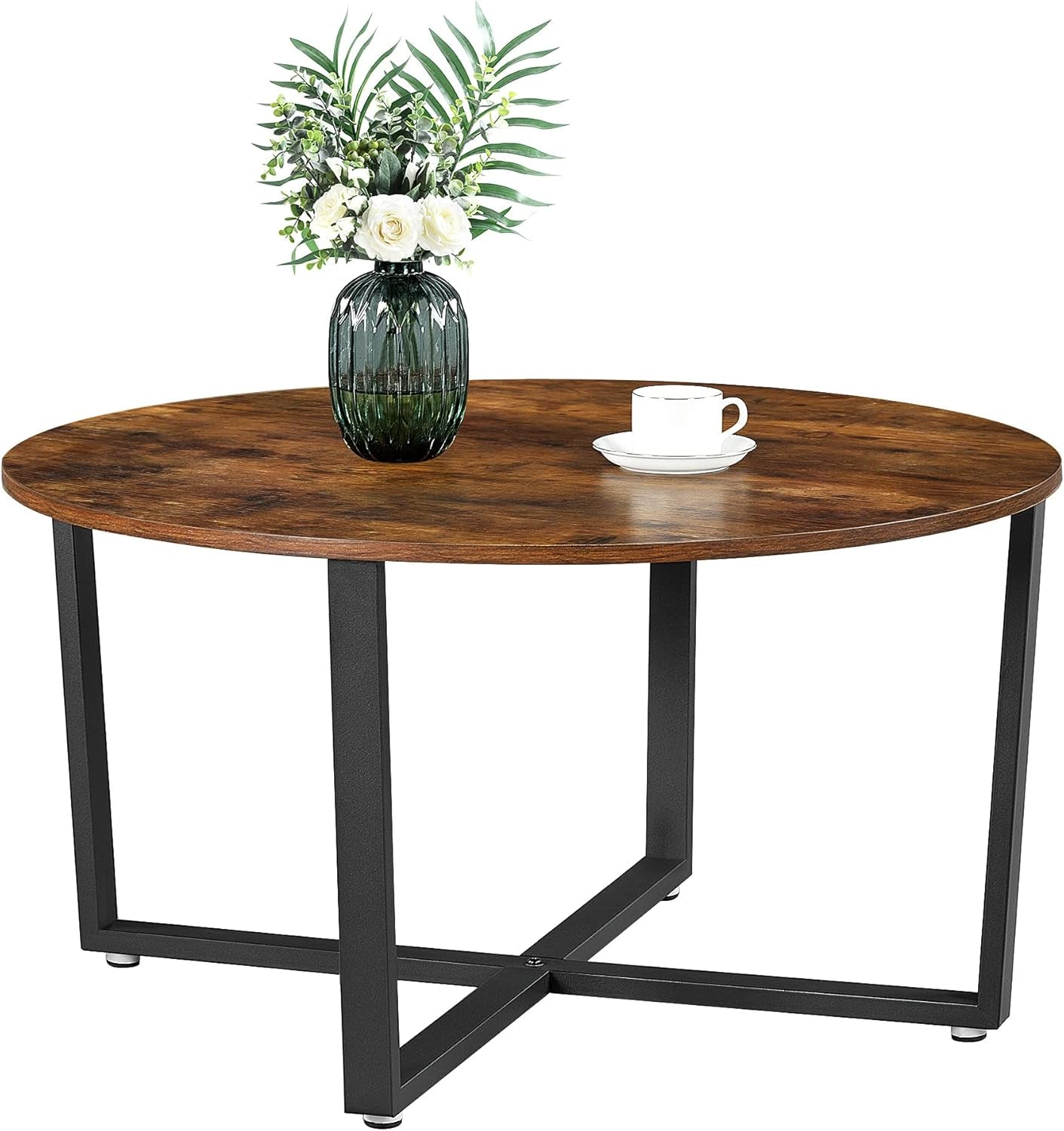 ALINRU round Coffee Table, Industrial Style Cocktail Table, Durable Metal Frame, Easy to Assemble, for Living Room, Rustic Brown ULCT88X 39.4 X 21.7 X 17.7 Inches