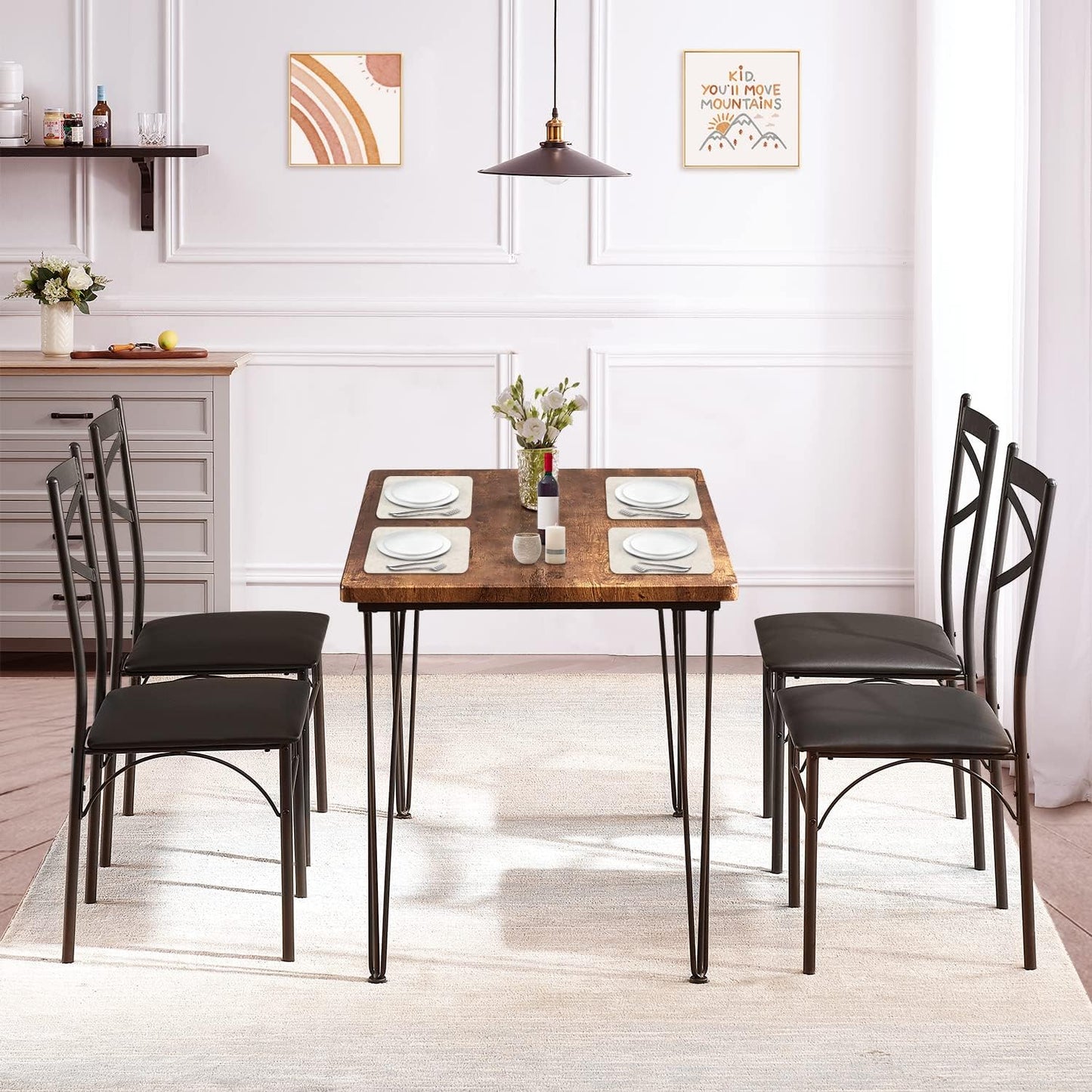 5-Piece Dining Table Set for Home Kitchen Small Space Breakfast Nook, 4 Faux Leather Metal Frame Chairs, Retro Brown