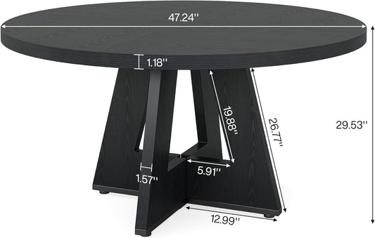 47 Inch round Dining Table Wood Kitchen Table for Dining Room, 47" Dinner Room Tables for 4-6, Farmhouse Accent Furniture with Wooden Tabletop and Cross Base, Black