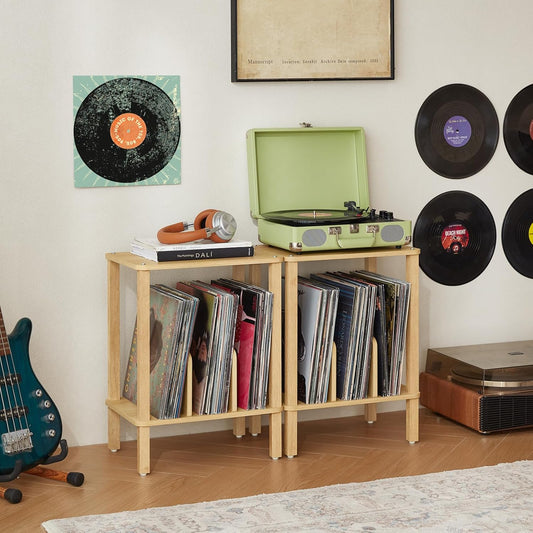 2-Tier Bamboo Record Player Stand with Vinyl Record Storage up to 100 Albums, Boho Bedroom Record Holder and Multi-Functional End Table for Living Room, Natural